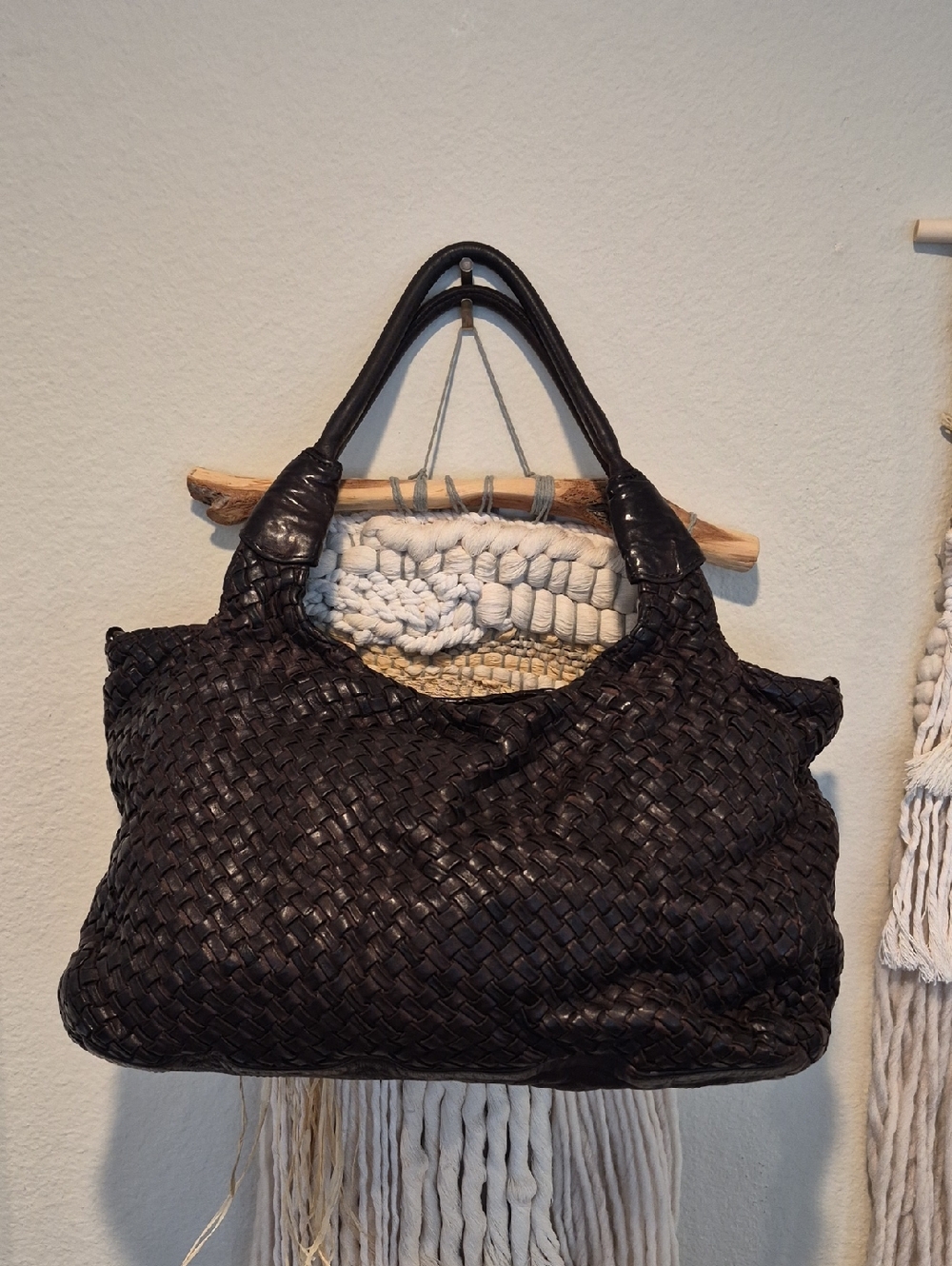 Langellotti Dark Brown Luxurious Supple Woven Leather Top Handle Crossbody Bag
